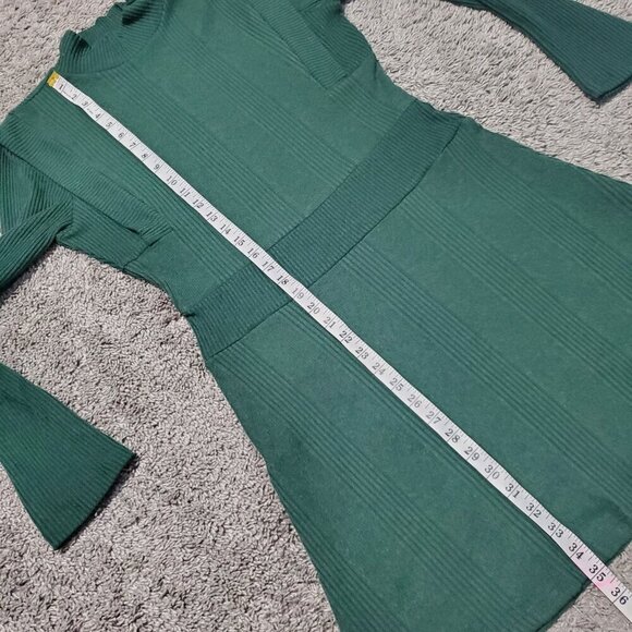 Maeve Strong Shoulder Ribbed Green Mock Neck Lined Preppy Sweater Mini Dress - M - Picture 8 of 10